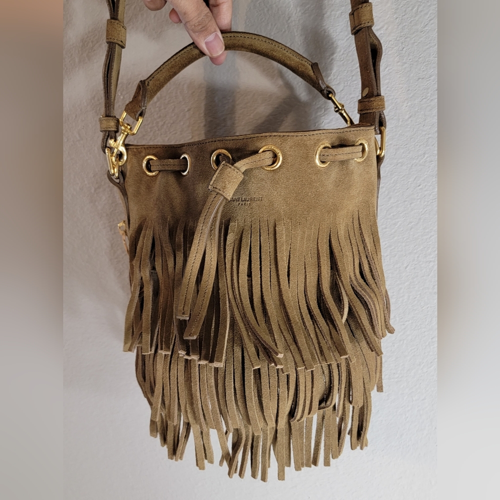 Saint Laurent Fringe Suede Bucket Bag Gem